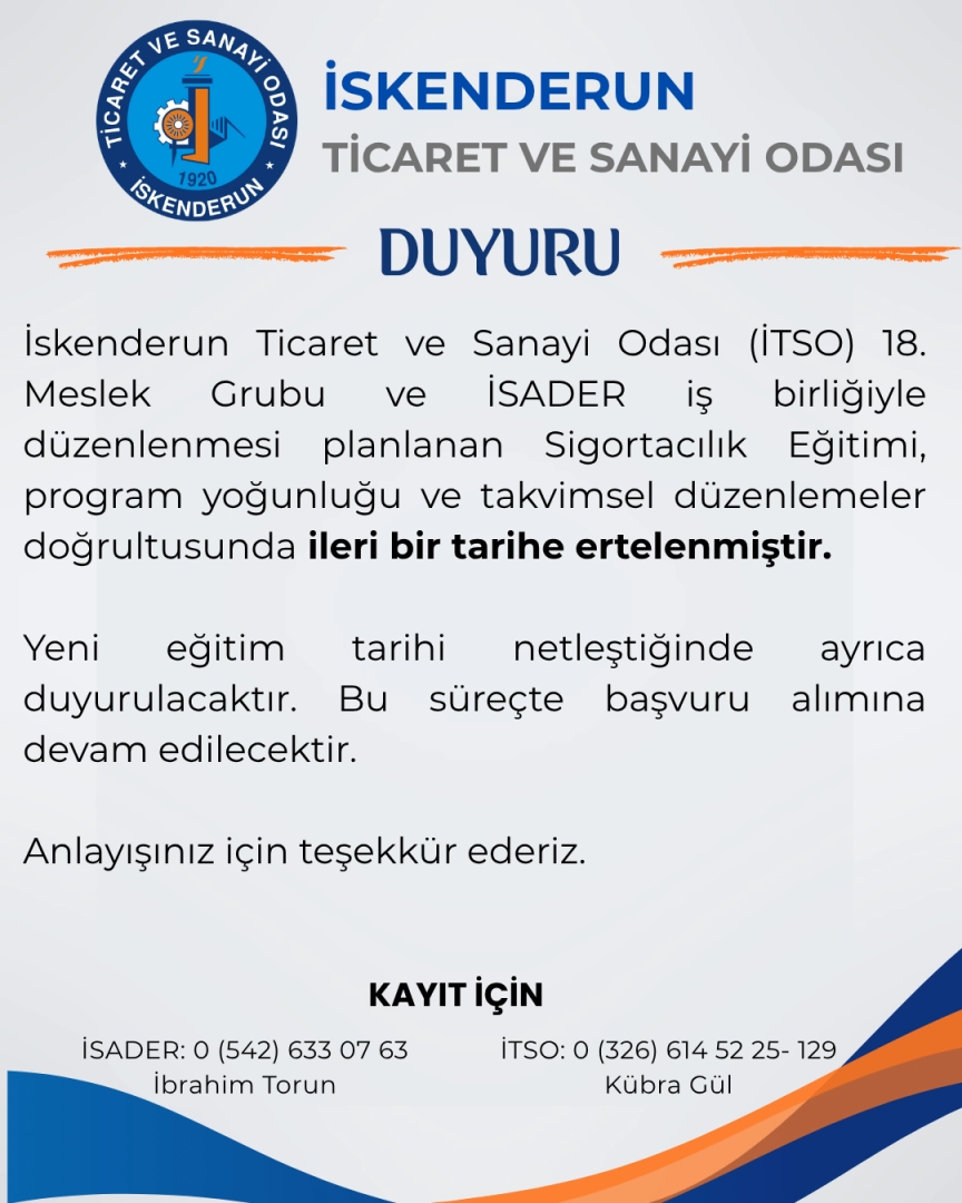 Sigortacılık Eğitimi Ertelenme Duyurusu