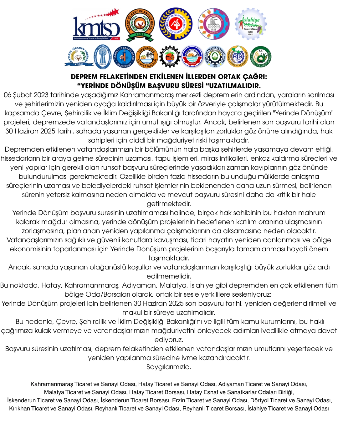 DEPREM FELAKETİNDEN ETKİLENEN İLLERDEN ORTAK ÇAĞRI: “YERİNDE DÖNÜŞÜM BAŞVURU SÜRESİ “UZATILMALIDIR.